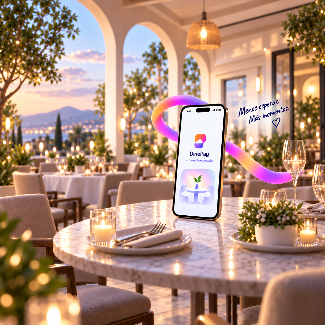 Móvil con la app DinePay sobre la mesa de un restaurante, rodeado por una cinta de colores y el mensaje «Menos esperas. Más momentos.»